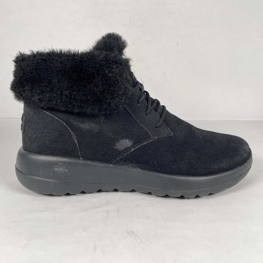 Skechers On-The-Go Joy Shoes Womens Size 7.5 Black Suede Faux Fur Casual Booties